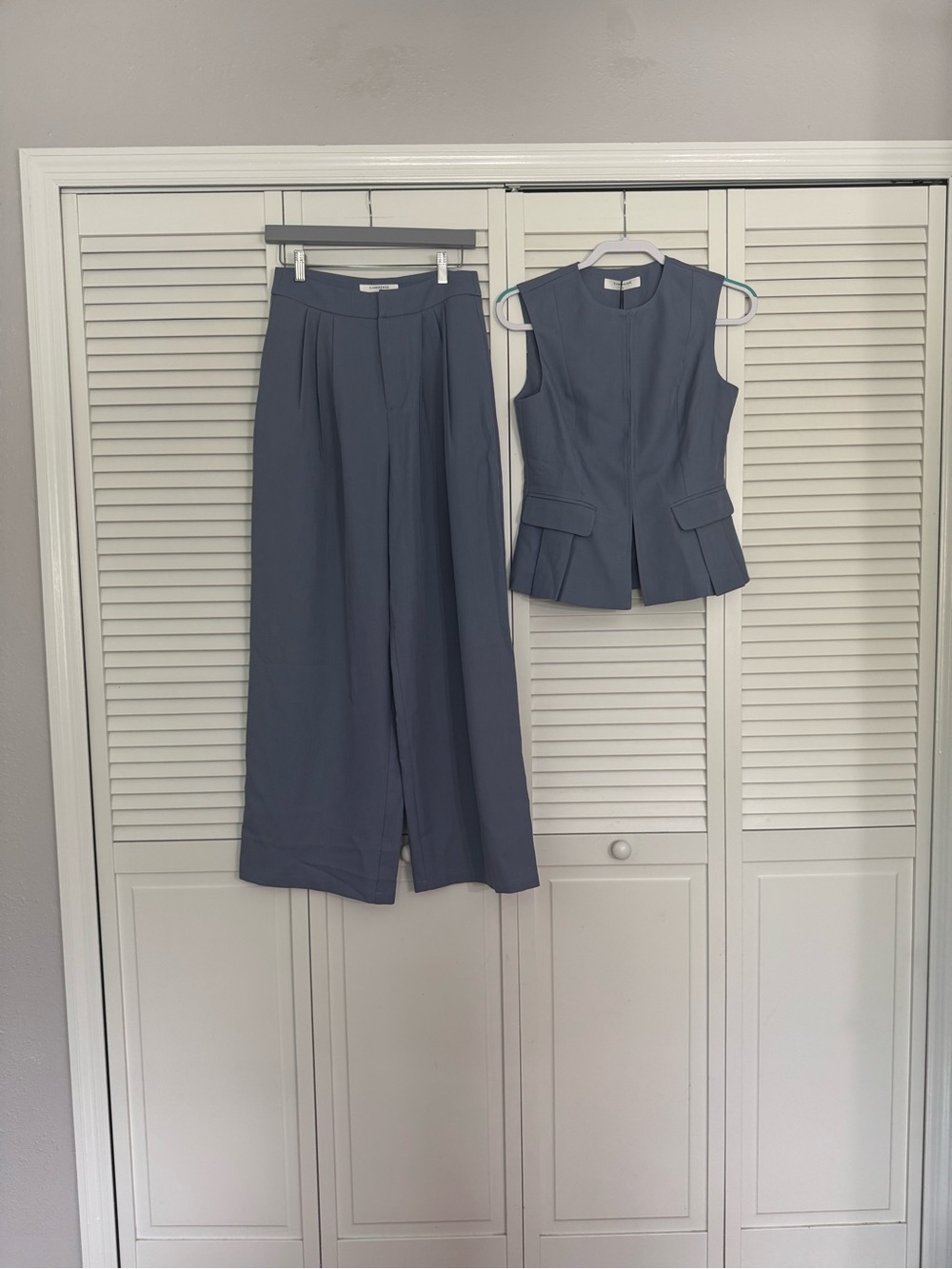 COMMENSE Sleeveless Peplum Vest & Wide-Leg Pants Blue Set Work Outfit Sz S